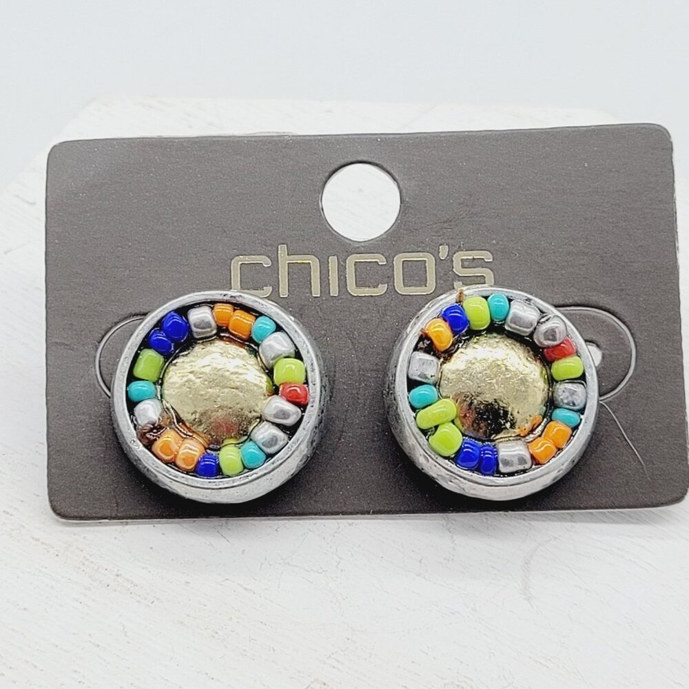 Chico's Silver Tone Multi-Color Bead Round Stud Earrings New On Card